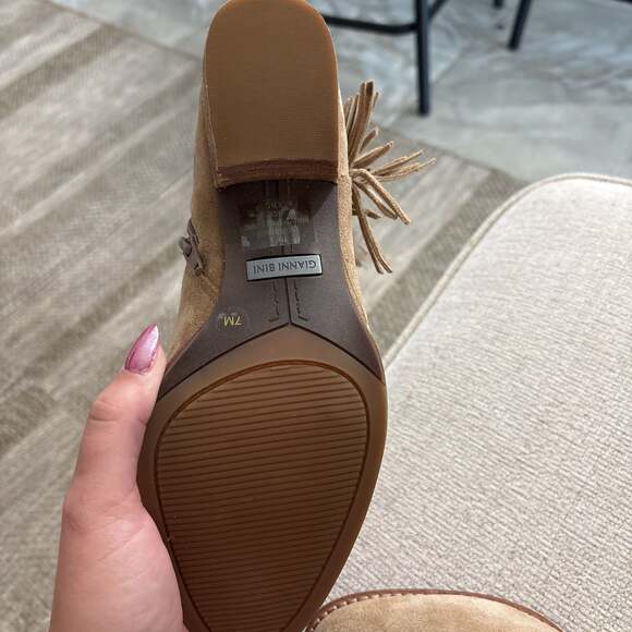 Gianni Bini Tan Suede Feathered Ankle Boot - Picture 7 of 7